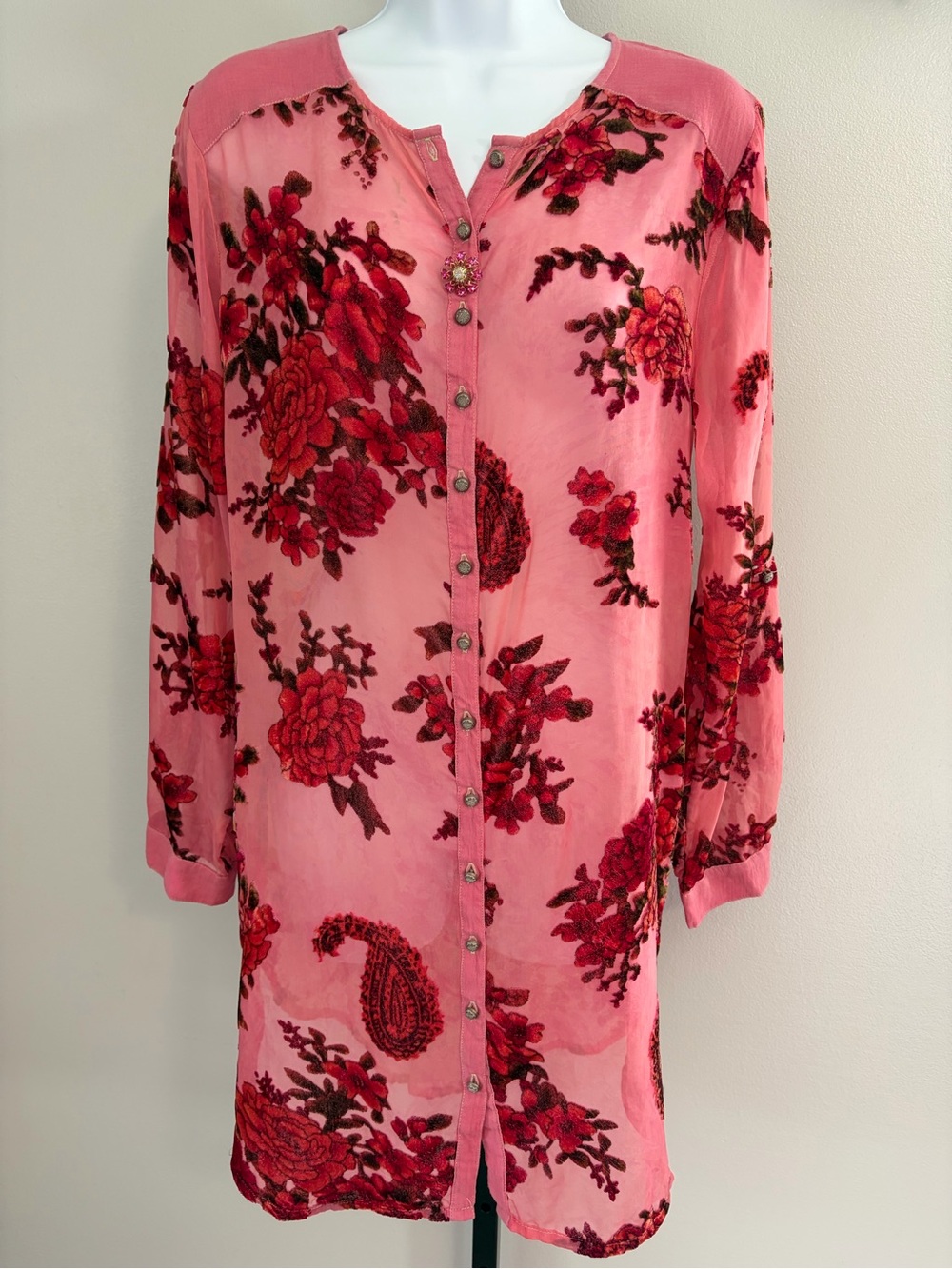 NWOT Aratta Silent Journey Floral Button-Front Pink Velvet-Detail Tunic